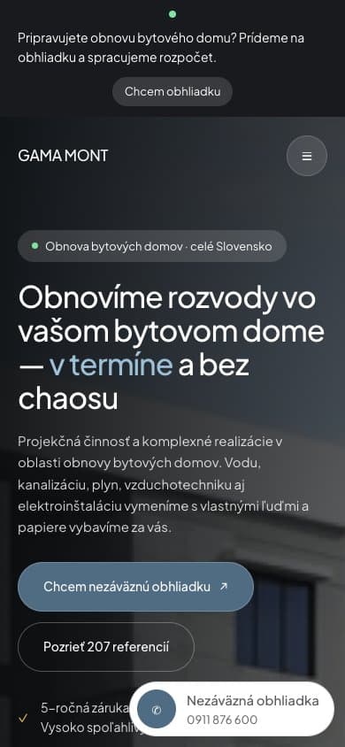 Mobil — rovnaký web, len v jednom stĺpci.