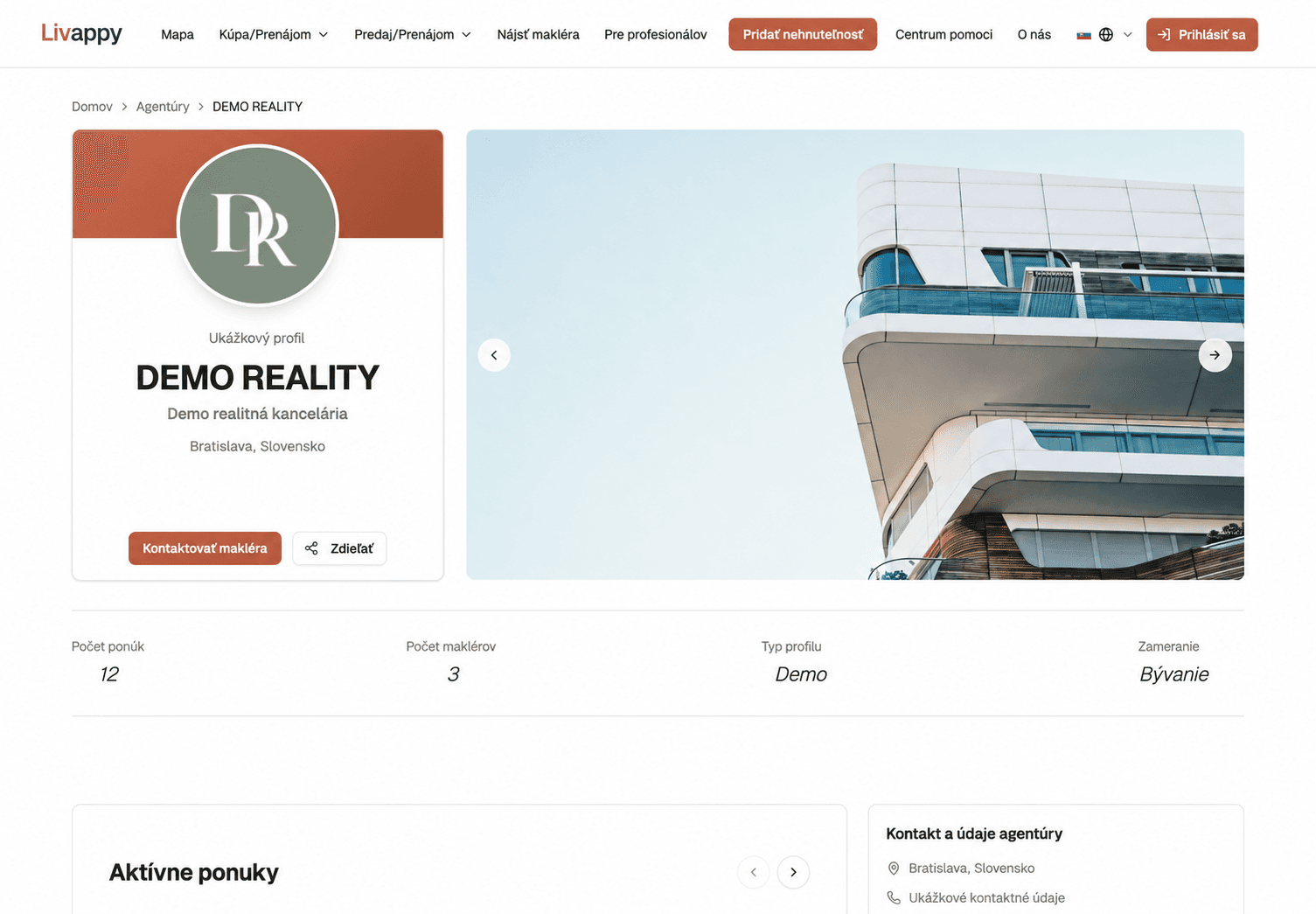 Rozhranie Livappy s ukážkovým profilom DEMO REALITY — demo agentúra a ilustračné údaje