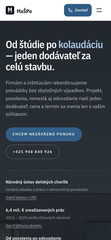 Mobil — v úvode hneď skutočné referencie a rozsah prác.