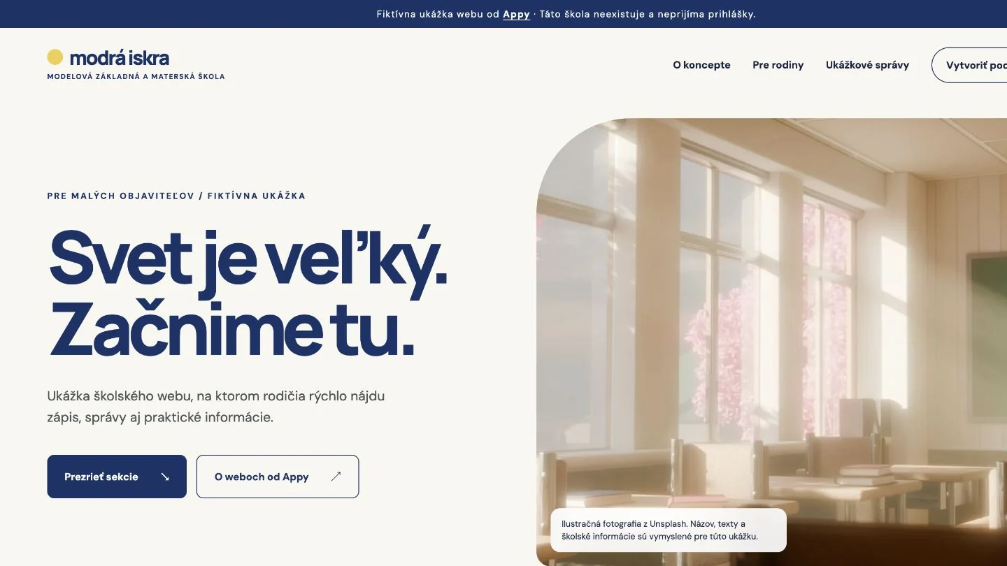 Fiktívna ukážka webu modelovej školy Modrá iskra s fotografiou z Unsplash