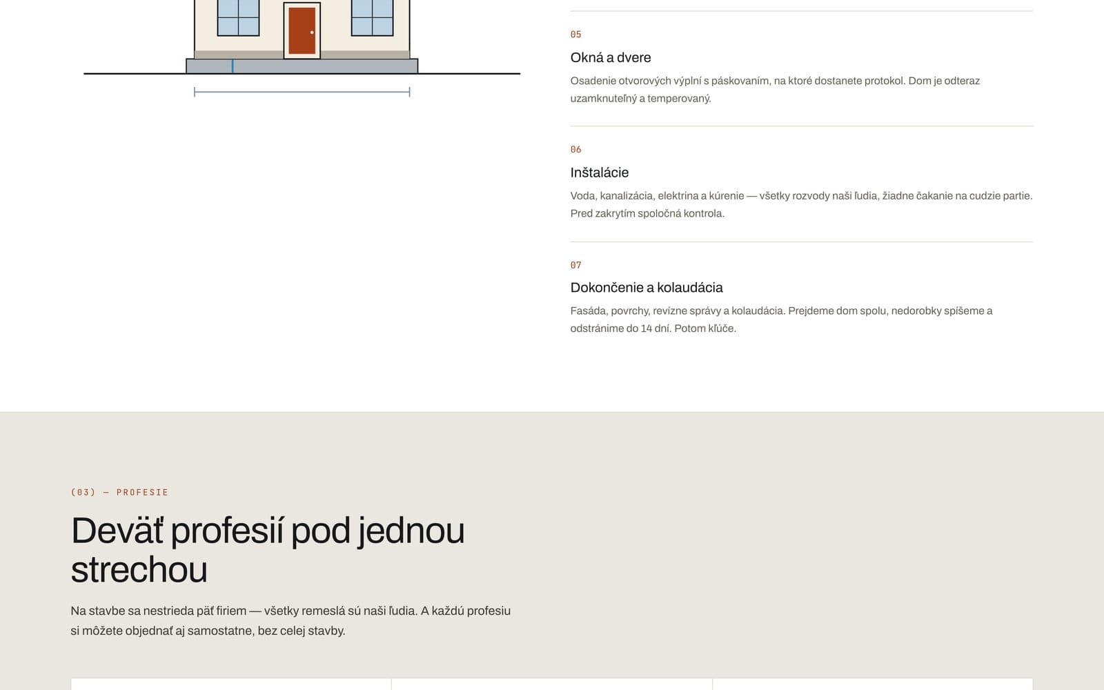 Etapy stavby — dom rastie, ako sa skroluje stránkou.