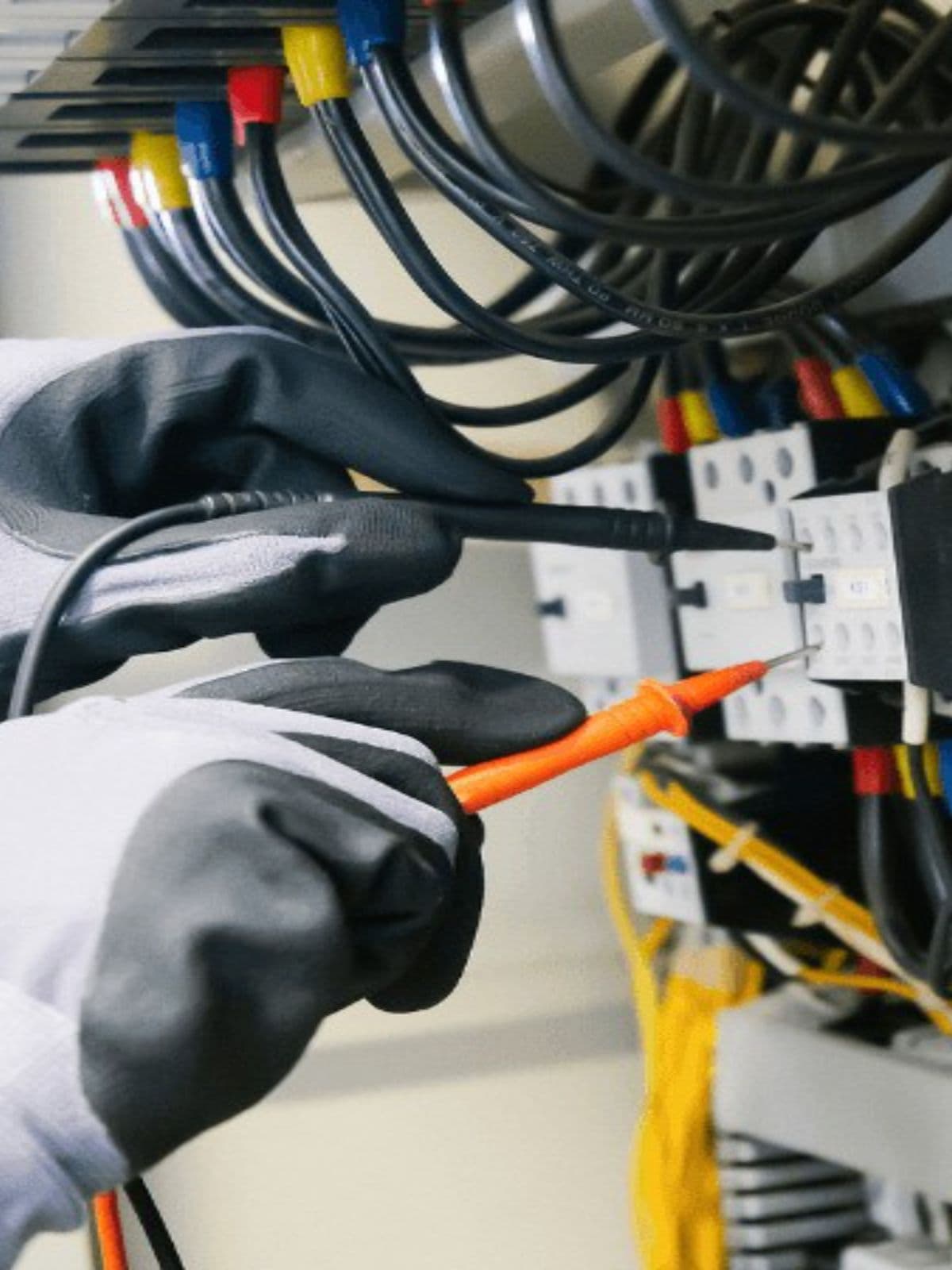 Elektrikár v rukaviciach preveruje skúšačkou rad stýkačov v rozvádzači